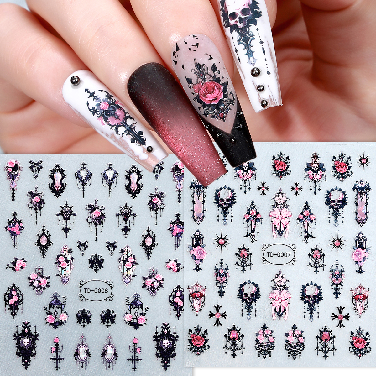 Nail Art Vampire - 2pcs Black Pink Gothic Halloween Nail